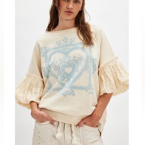 Cream and Blue Women's Top with Lace Sleeves